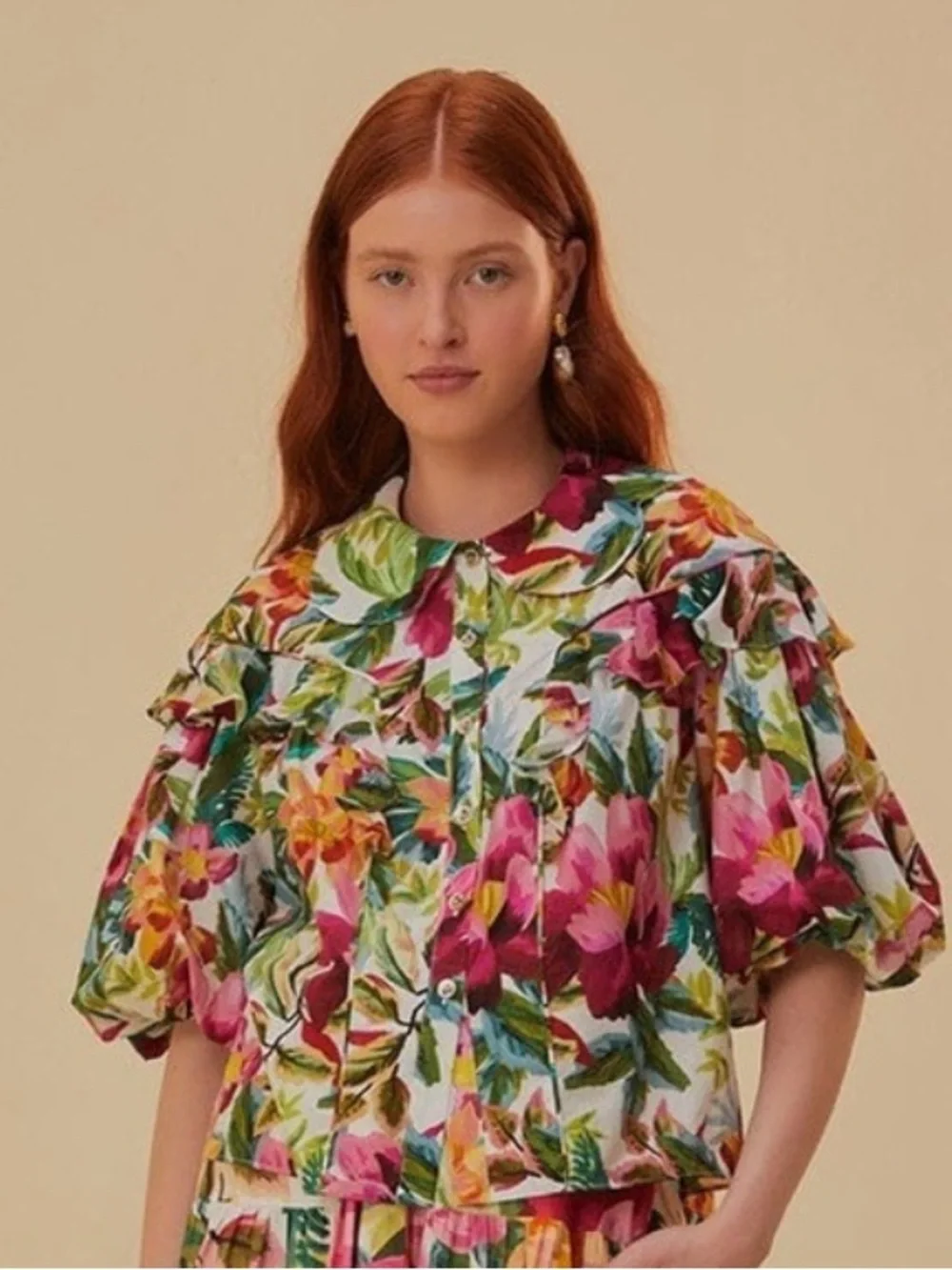 Farm Cropped Buttondown Top XS  Painted Flowers Ruffled Puff sleeve
